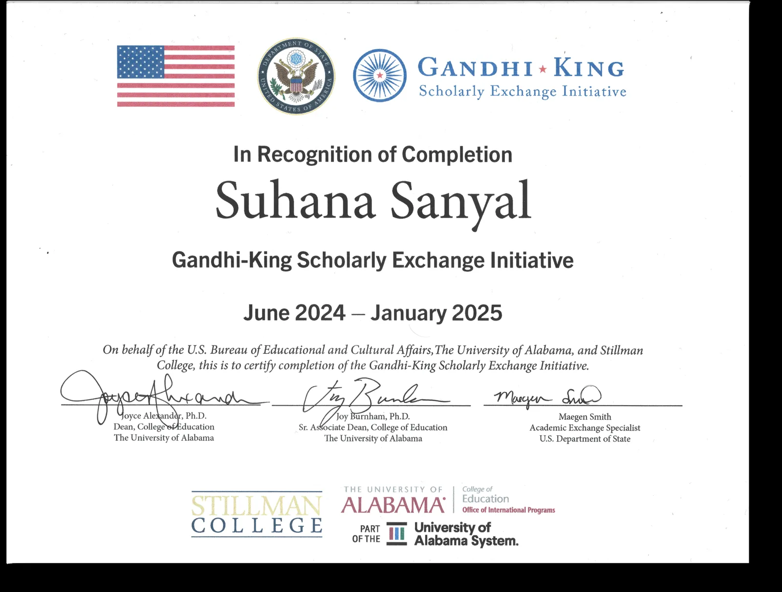 Certificate of completion, University of Alabama and Stillman College